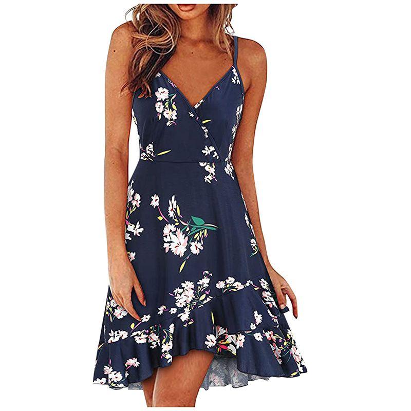 Swing Dress2025 Summer Women Clothes Sexy Fashion V-neck Sling Sleeveless Backless Print Swing Dress
