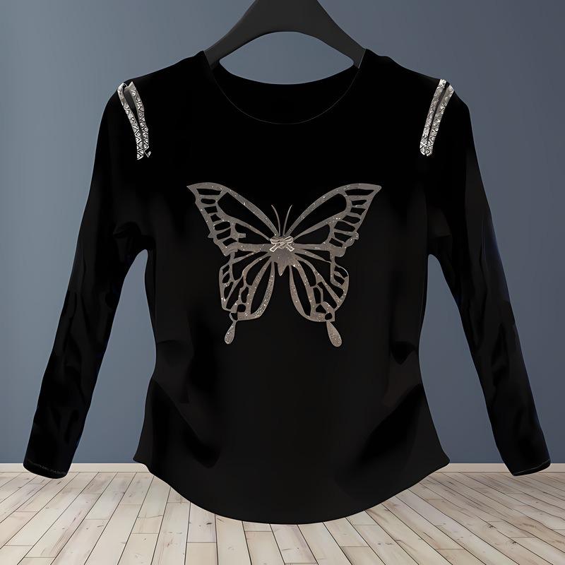 Manufacturer Rave Reviews Cotton Bottoming Shirt Autumn Butterfly Perm Diamond Beading Long-sleeved Top Women's Clothing