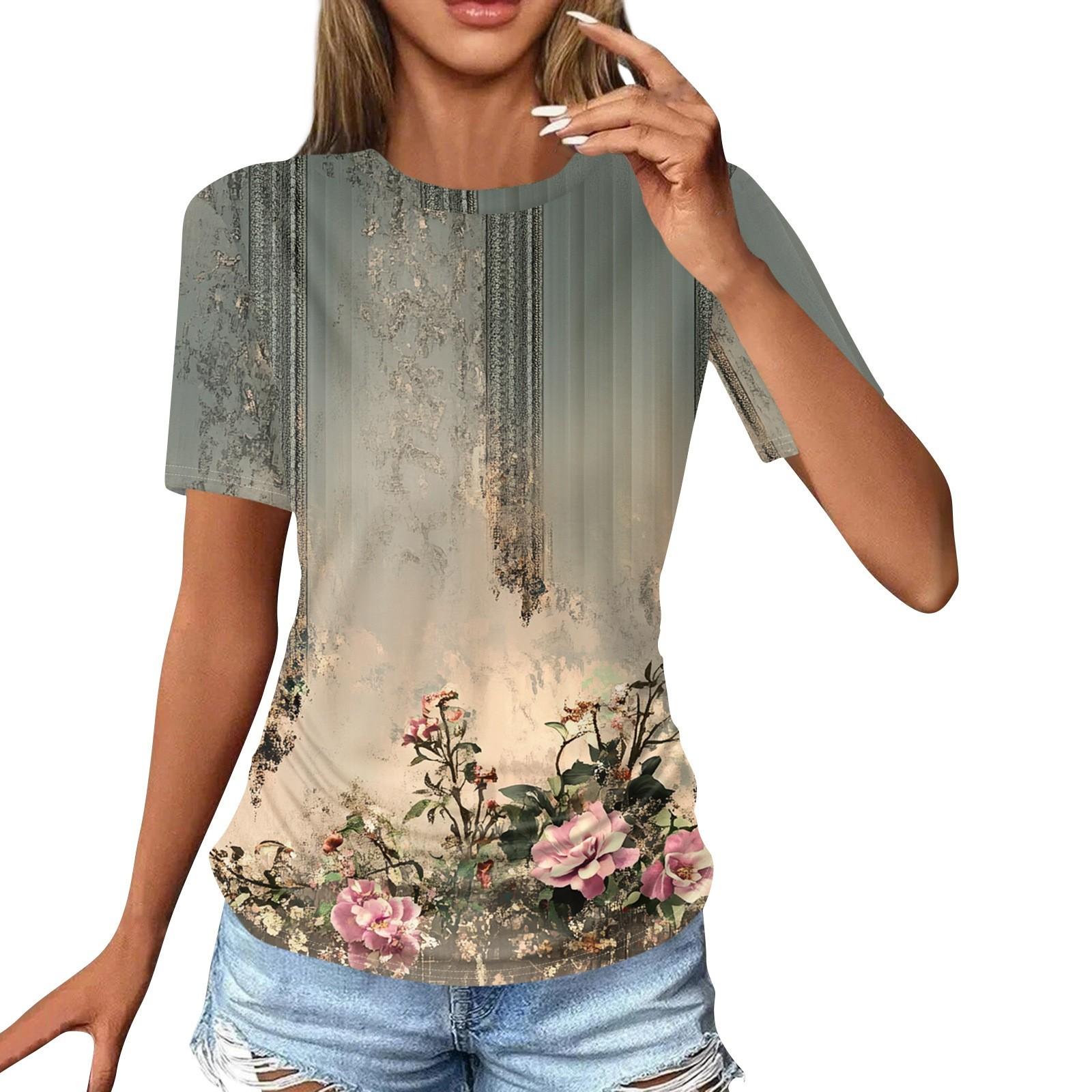 

Жіночі футболки Модні повсякденні топи з круглим вирізом і короткими рукавами. Туніка з принтом XXL хакі