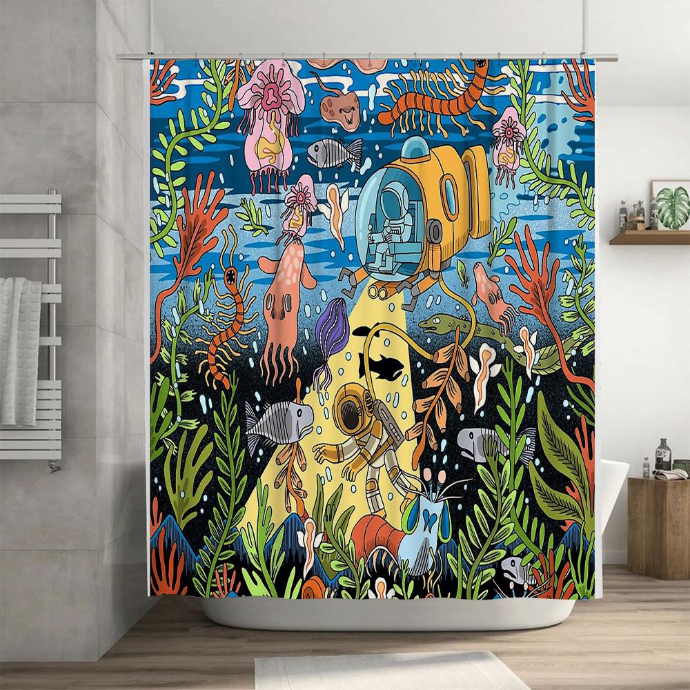 Ocean Theme Shower Curtain Set Waterproof Sea Life Decor Bathroom Curtains Coastal Blue Backdrop Artistic Nature Backdrop