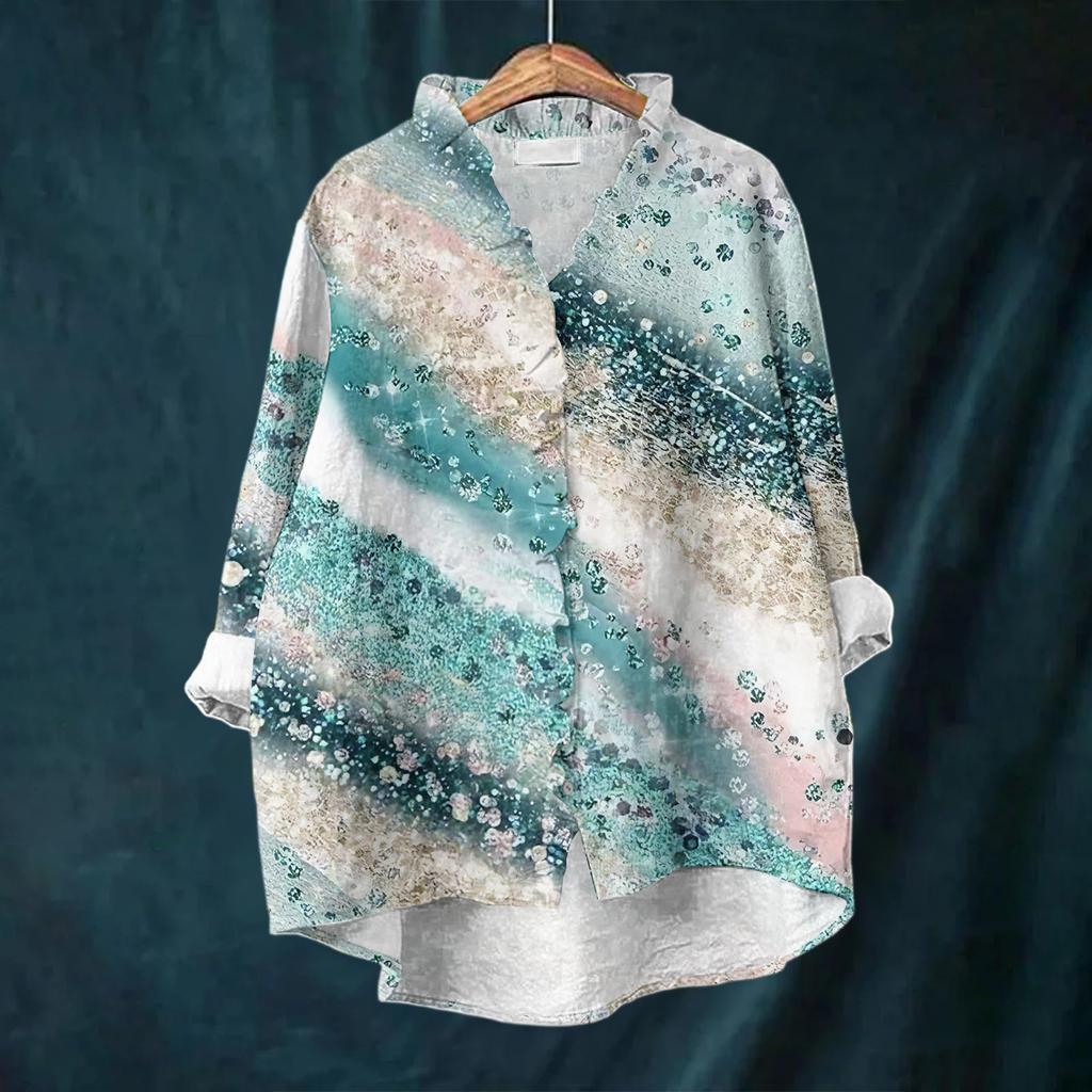 Women's Loose Ruffled Floral Print Stand Collar Long Sleeve Cotton And Linen Top