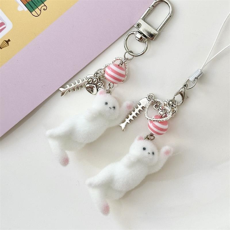 Cute Flocking Cat Phone Lanyard Strap Kitten Keychain Pendant Anti Lost Phone Chain Bag Ornament Cell Phone Love Fish Charm Gift