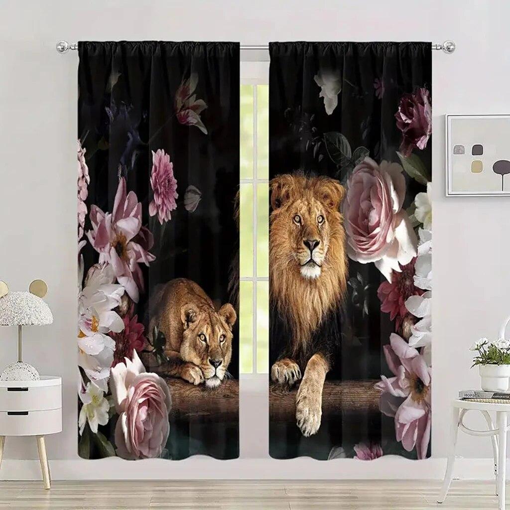 

Шторы с принтом серии животных, карманные шторы с изображением лошадиного цветка и динозавра, подходят для гостиной, спальни, кухни 2 шт. W50xH130(CM)x2PCS-Grommet Top