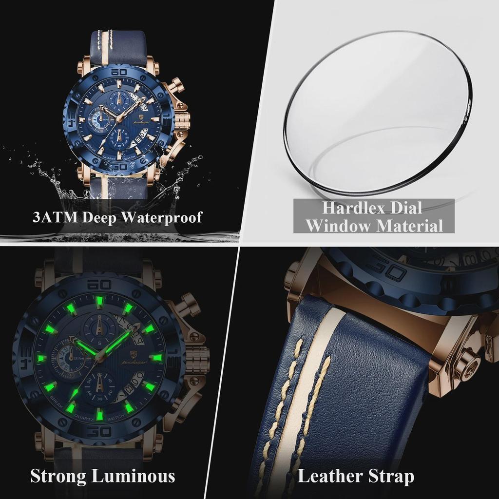 POEDAGAR Top Military Man Wristwatch Waterproof Luminous Date Fashion Chronograph Leather Sports Men's Quartz Watches
