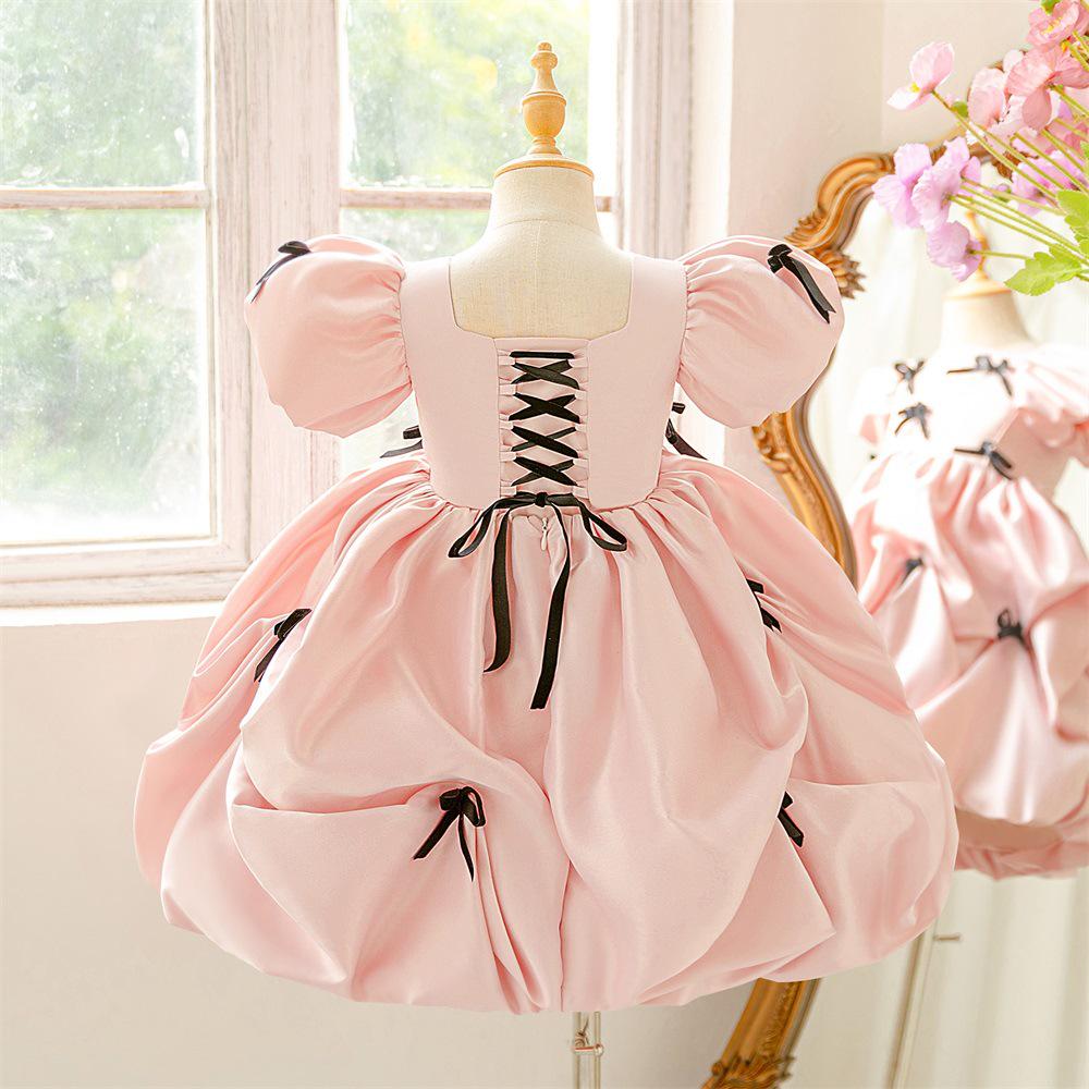 Elegant Girls' Princess Dress - Bow Puff Sleeve Birthday & Fashion Show Gown