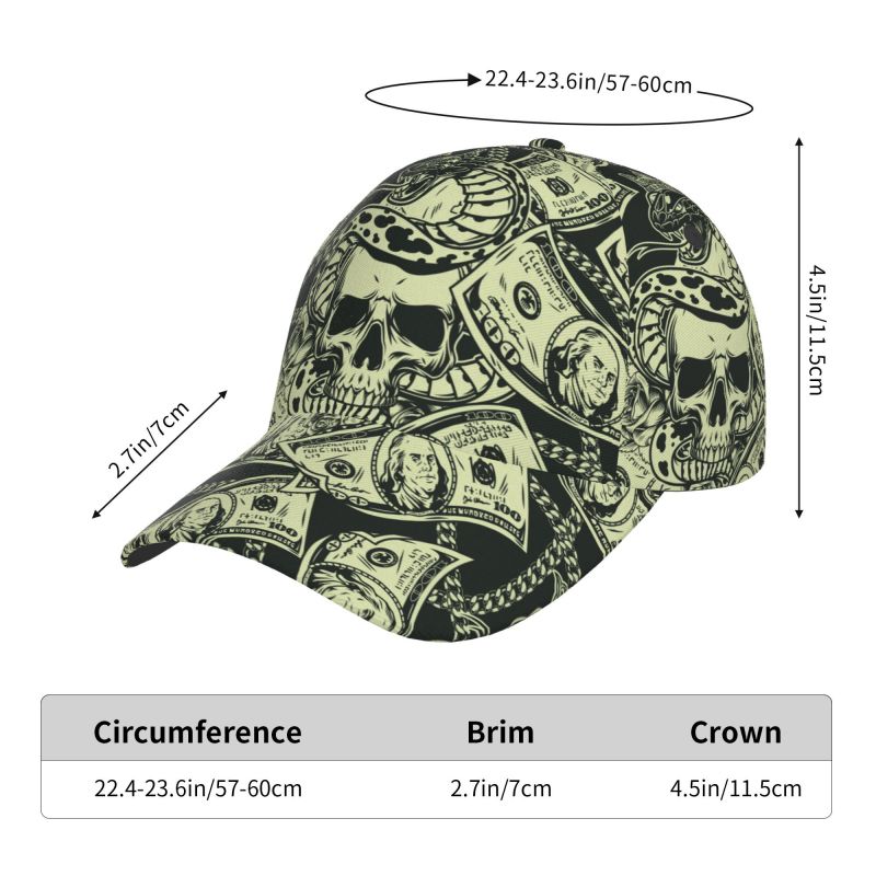 Roses and Skull Dollars Baseball Cap Unisex Hip Hop Snapback Hat Vintage Washed Oxford Caps Retro Sun Visor Peaked Cap