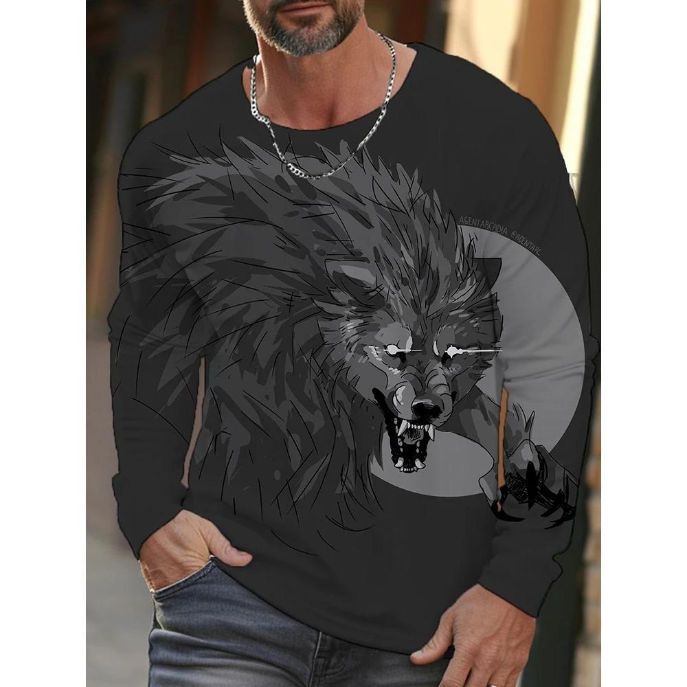Spring and Autumn Round Neck 3D Animal Wolf Lion Pattern Printed Top Fashionable Casual Long Sleeved Men's T-shirts