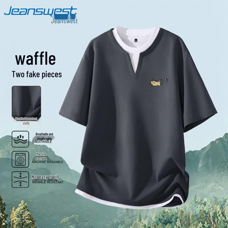 Jeanswest Men s Waffle Faux Two-Piece Cartoon T-Shirt 2XL