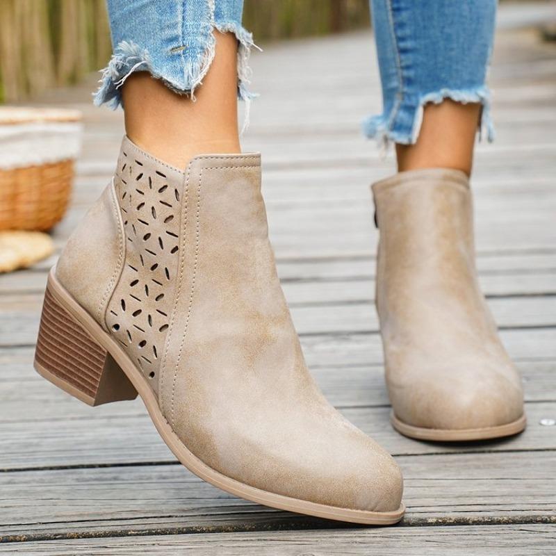 Women'S Ankle Boots Thick Heel Side Zipper Shoes Fashion Retro Leather Short Barrel Hollow Boots Botas