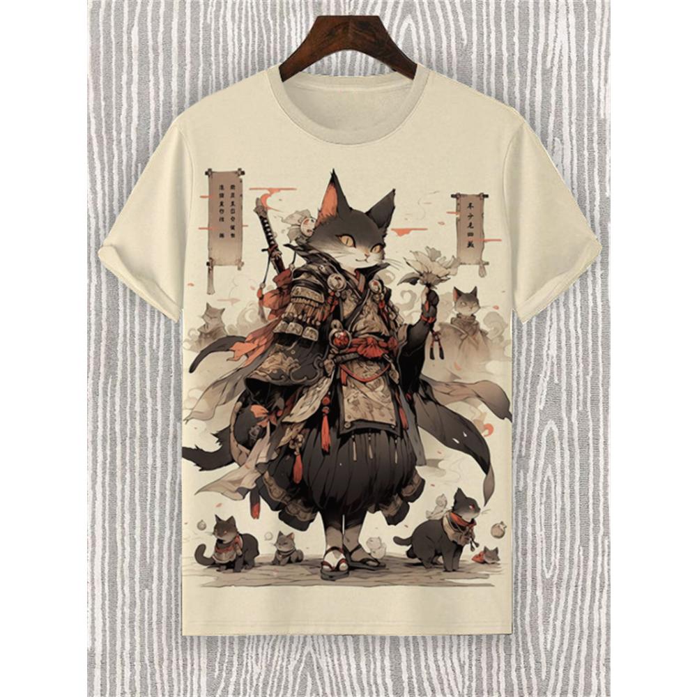 Japanese Style Samurai Cat Graphic T Shirt For Men Causal 3D Printed O Neck Short Sleeve Tees Outdoor Oversize Men Clothing Tops