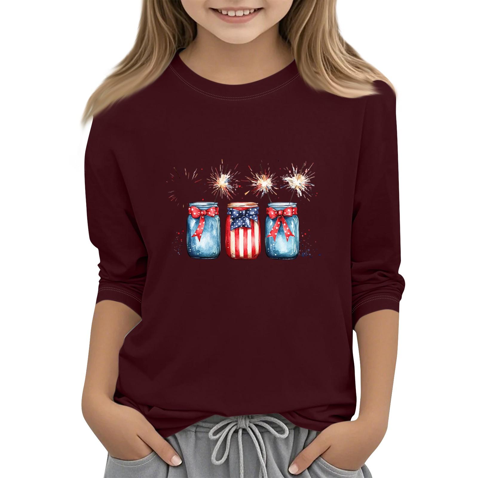 

Детская футболка с круглым вырезом и рукавом три четверти, повседневный топ ко Дню независимости 120 винный