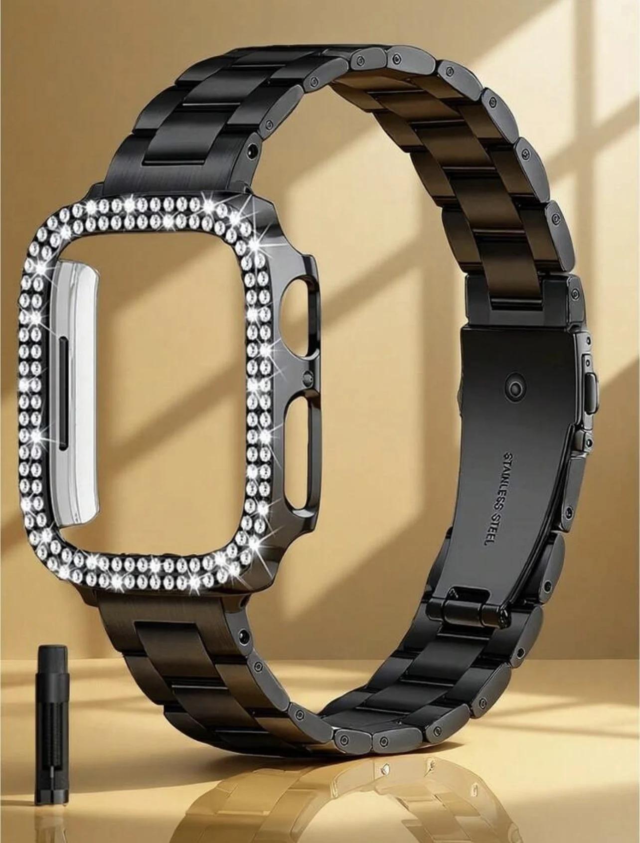 

Superior Bling stastainless steel Band case cover For Apple Watch strap Series 11/10/9/8/7/6 38mm 40mm 41mm 42mm 44mm 45mm 46mm 49mm чорний
