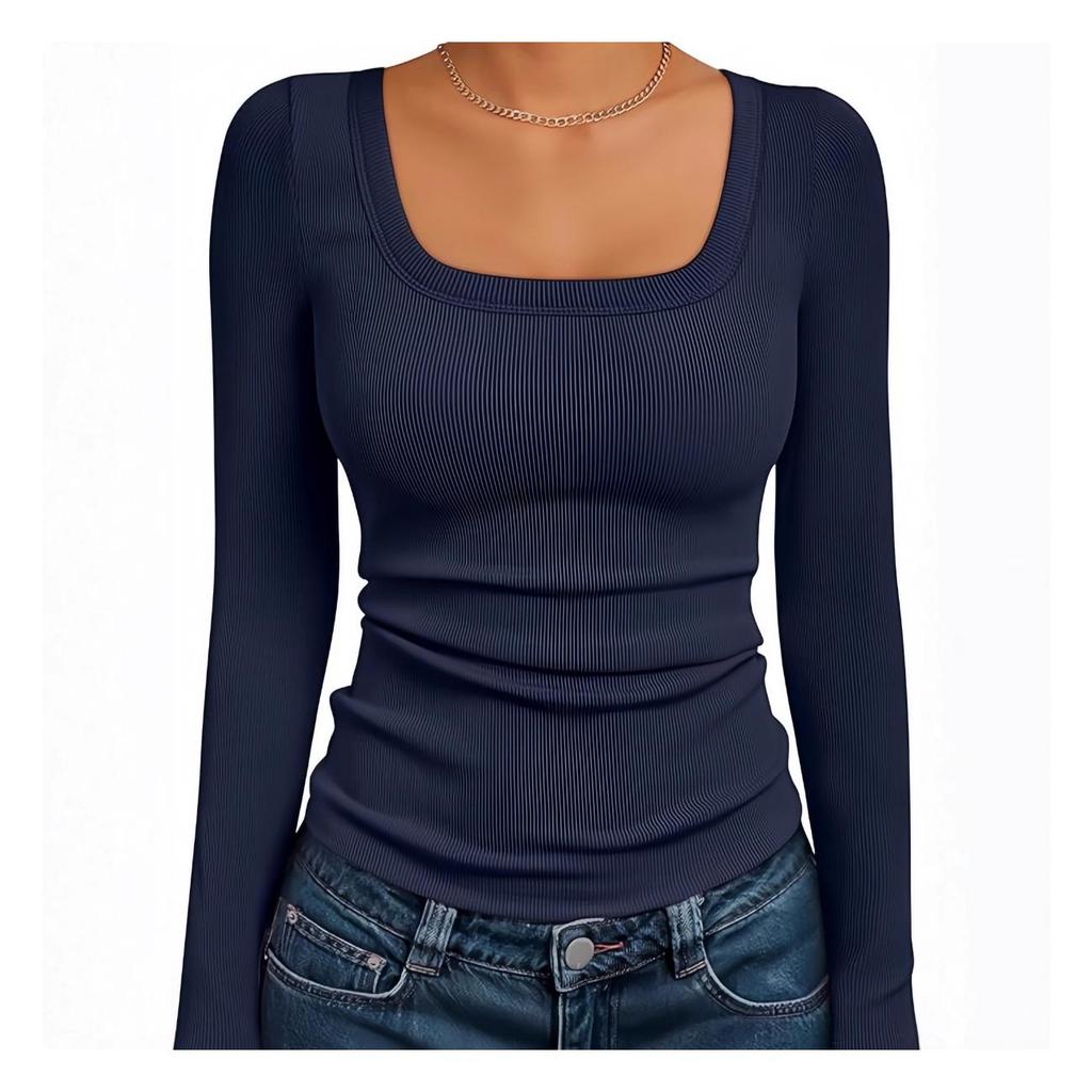 Women‘s Ribbed Square Neck Top, Long Sleeve Slim Fit Basic Shirt for Fall Winter Spring, Casual Crop Tee