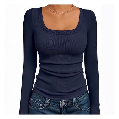 Top da Donna a Coste con Scollo Quadrato, Maglietta Base a Manica Lunga Slim Fit per Autunno Inverno Primavera, Crop Top Casual