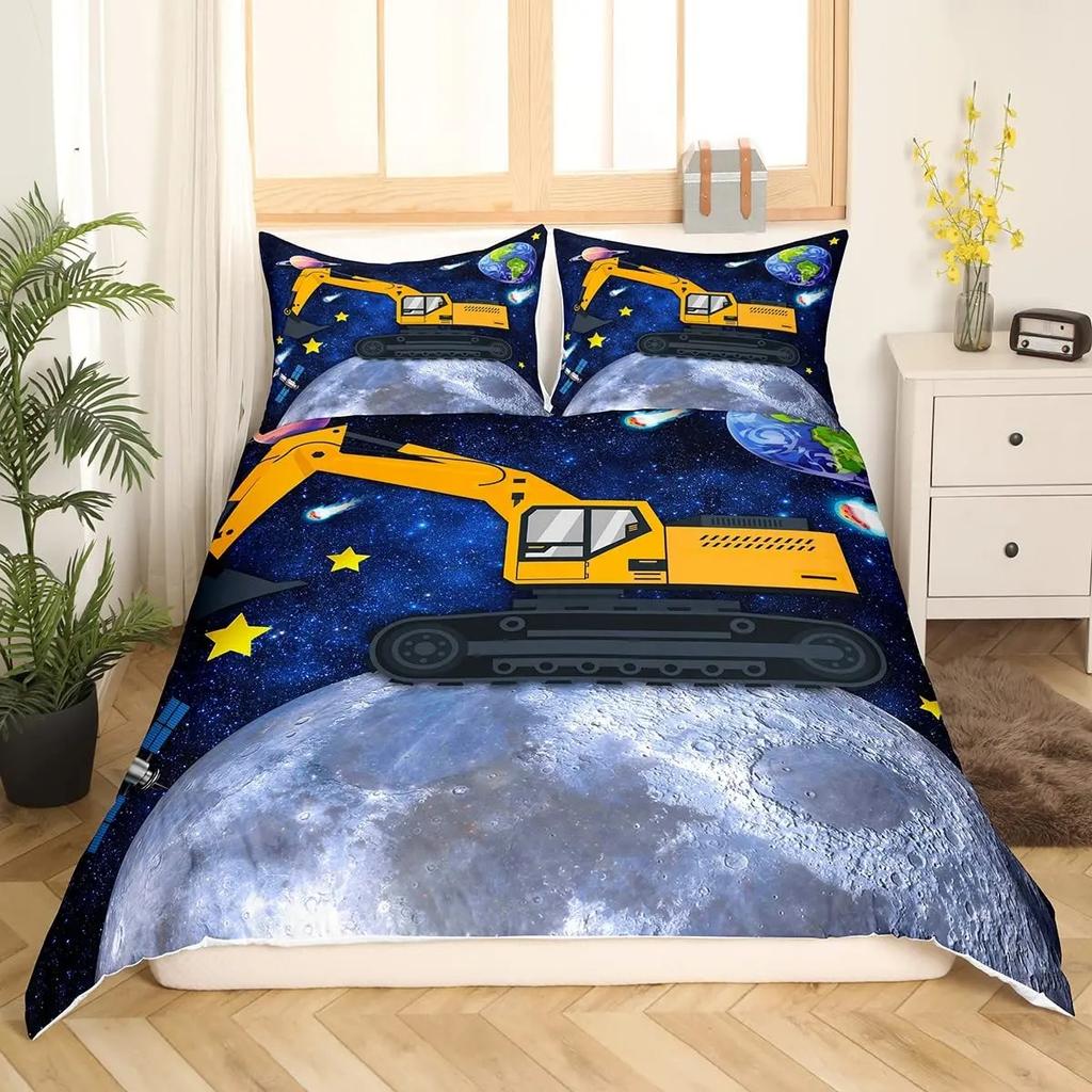 Excavator King Queen Duvet Cover Cartoon Construction Truck Bedding Set for Kids Boys Girls Tractor 2/3pcs Polyester Quilt Cover