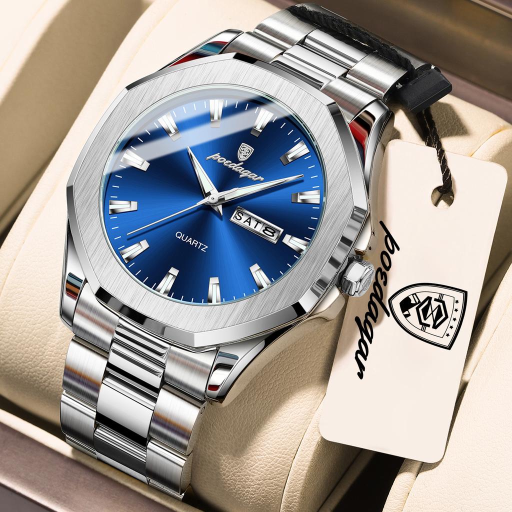 POEDAGAR Luxury Men Wristwatch Waterproof Luminous Week Date Casual Clock Stainless Steel Quartz Fashion Watches Reloj