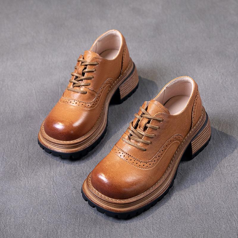 

[Тяжелая промышленность] Лоферы из коровьей кожи первого слоя женские 2025 осень новая кожа ретро на шнуровке маленькие кожаные туфли женская обувь 40