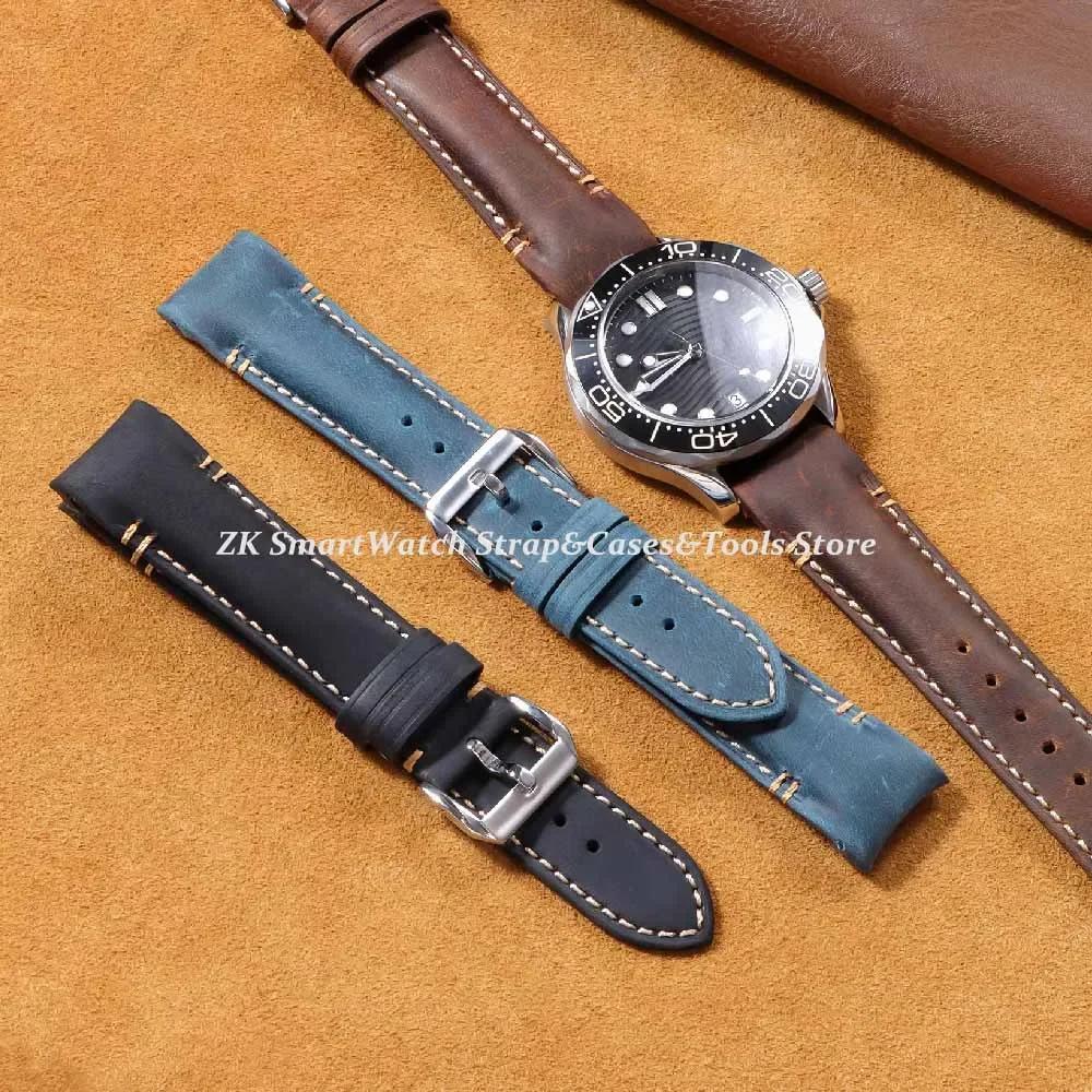 Genuine Leather Watch Bands High Quality Retro Oil Wax Calfskin Watch Strap 20mm 22mm Curved End Cowhide Bracelet Men Wristband