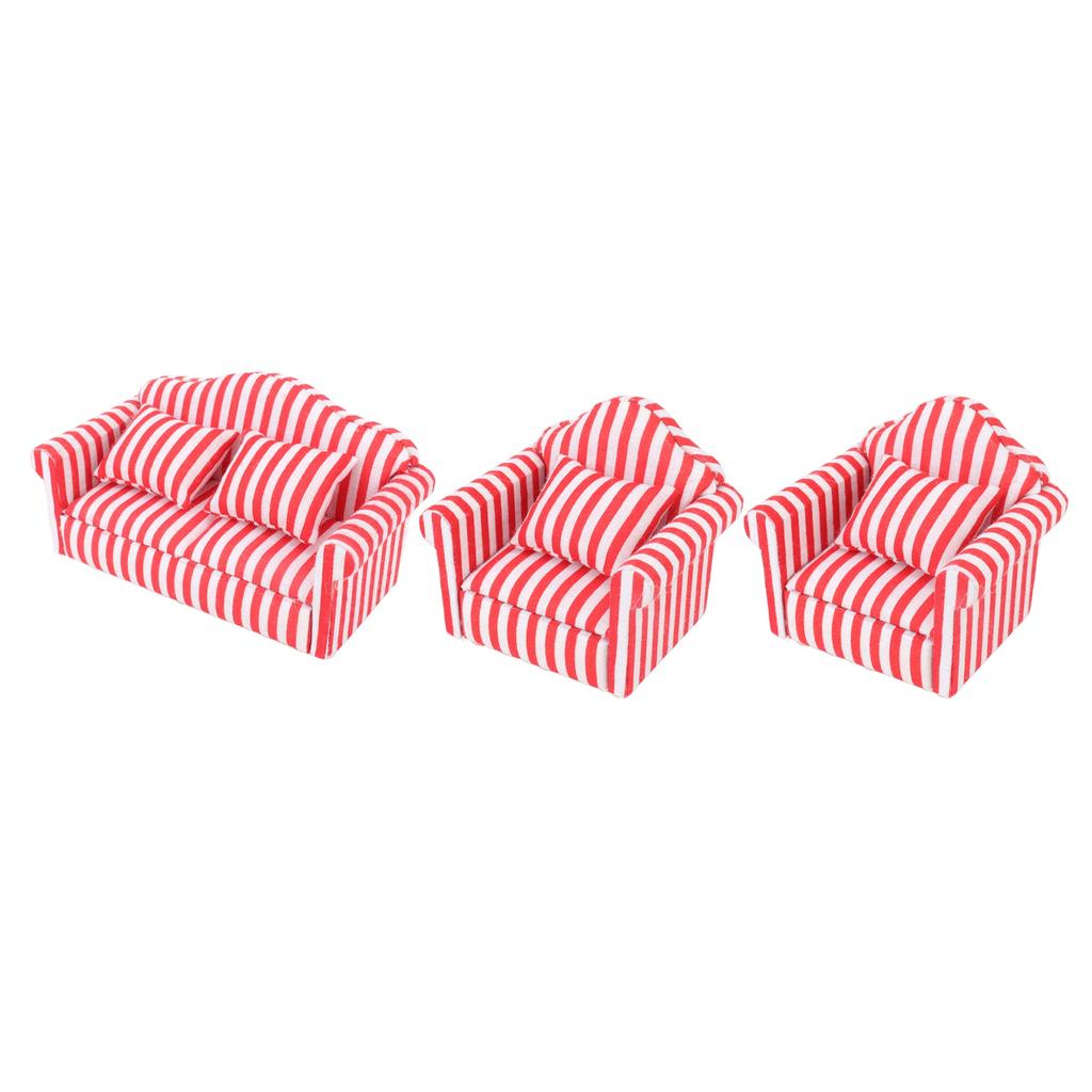 3Pcs   Sofa Set Pine Cloth Double Sofa 2 Single Sofa Light Color Strip  ature Sofa for 1:12 Doll House