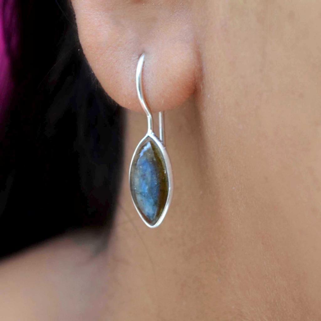 Labradorit 925 Sterlingové stříbro Visací náušnice, Drahokam Ručně vyráběné Visací náušnice