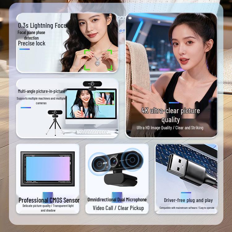 4K Ultra HD Webcam with USB Microphone for Live Streaming & Online Meetings.