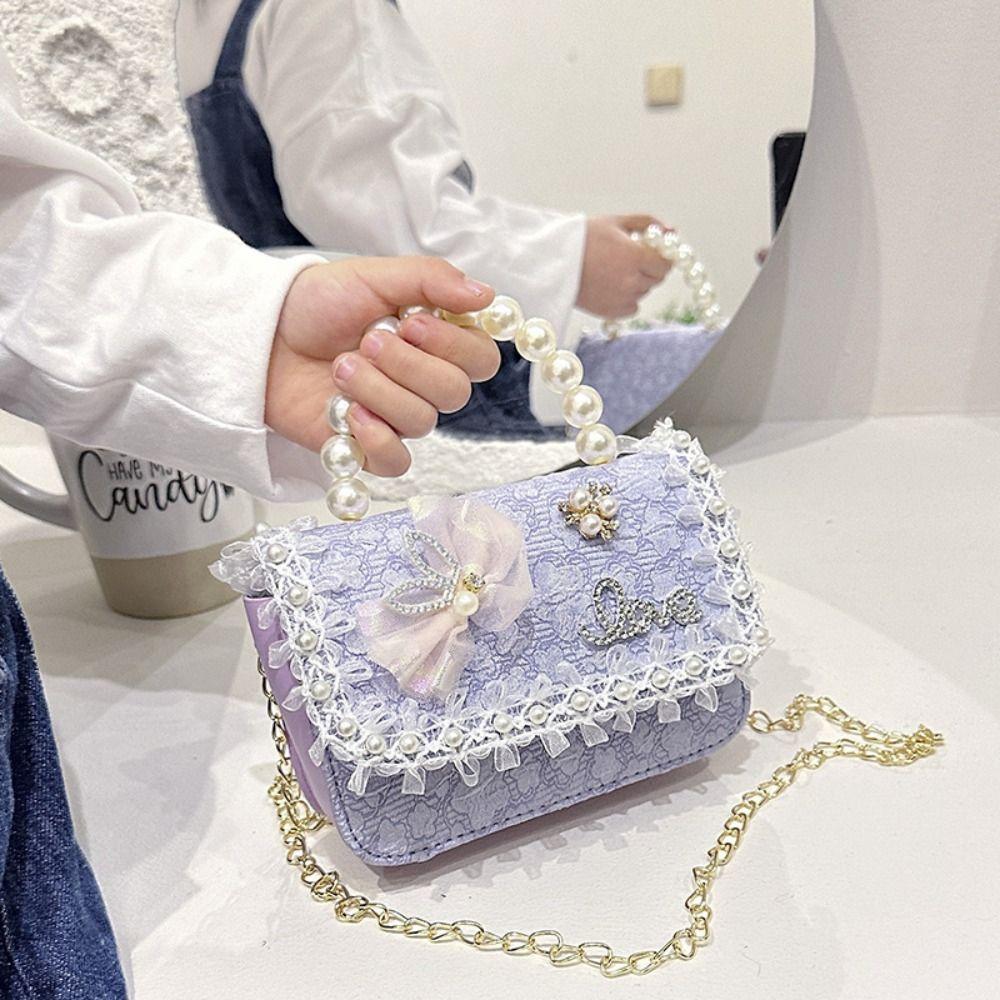 Fashion Pearl Lace Children's Crossbody Bag Lightweight Princess Girl Shoulder Bag Adjustable Handbag