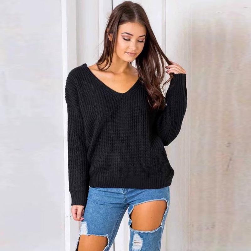 European Style V-neck Crossover Open Back Knitwear Sweater - Solid Color Women's Pullover Outerwear Base Layer