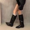 Cosy Soft Leather Women Knight Long Boots Fashion Button Combination Splicing Female Western Cowboy Booties