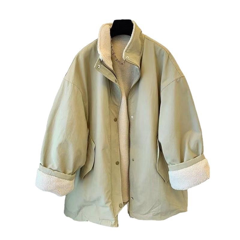 Womens Warm Fleece-Lined Stand Collar Cotton Coat Mid-Length Loose Fit Winter Outerwear