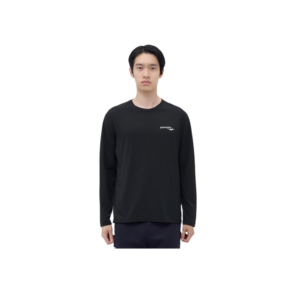 SAUCONY Solid Color Logo Round Neck Pullover Running Knit Quick-Dry Skin-Friendly Breathable Long Sleeve T-Shirt Men Tops Black SC2230118A-BK01