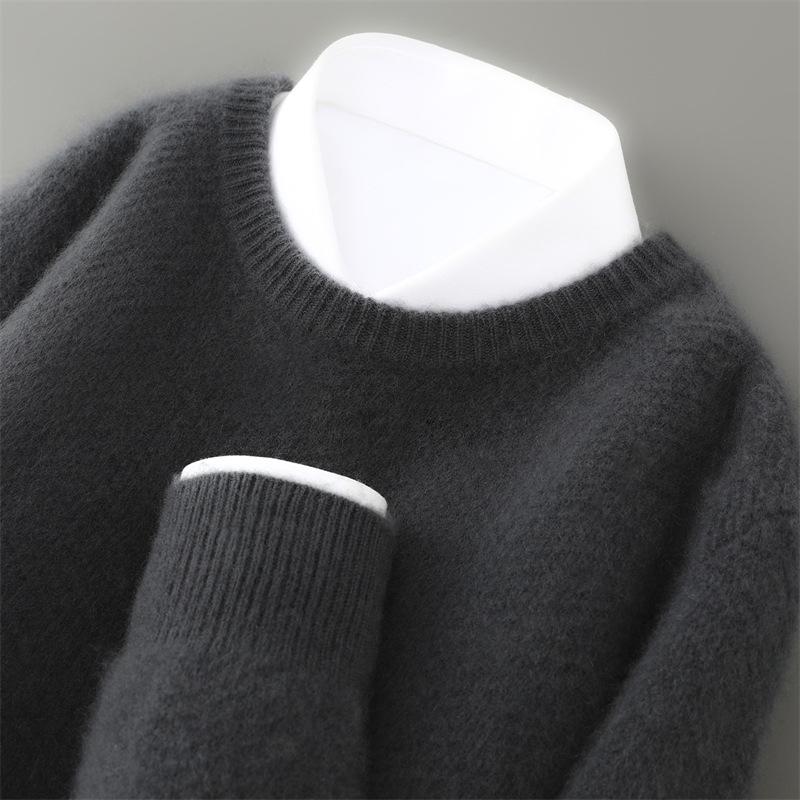 Men's Pure Wool Thick Knit Sweater - Round Neck, High-End Loose Fit, Cashmere Base Layer for Autumn & Winter