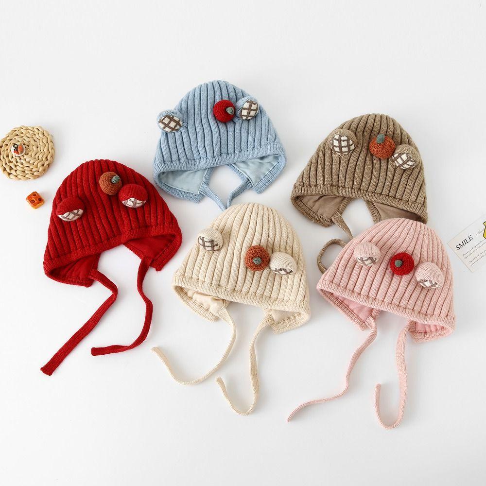 Knitted Baby Winter Hat with Plaid Ear Details Earflap Beanie Infant Knit Hat Cold Weather Outings