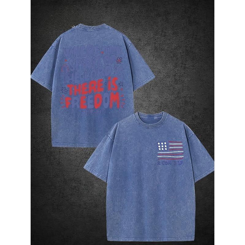 Men'S Short-Sleeve Shirt Made of Washed Featuring an American Flag Design And Religious Motifs, Double-Sided Retro Street Style Printing