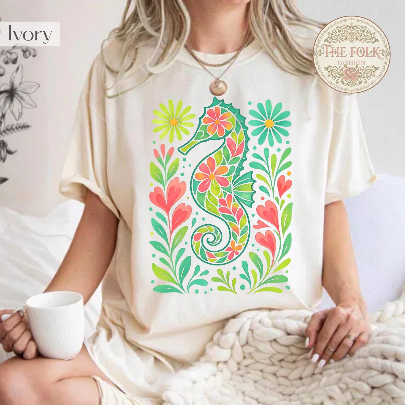 Folk Art Seahorse Shirt, Vintage Coastal Cottagecore Tee, Retro Beach Vacation Tee, Tropical Graphic Tshirt, Colorful Summer Shirt,Ocean Tee 3XL