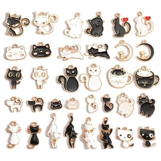 QUANSHENL Charm 34 Pieces Cat Black + White Deco Parts Alloy Accessory Strap Keychain Necklace Cute DIY