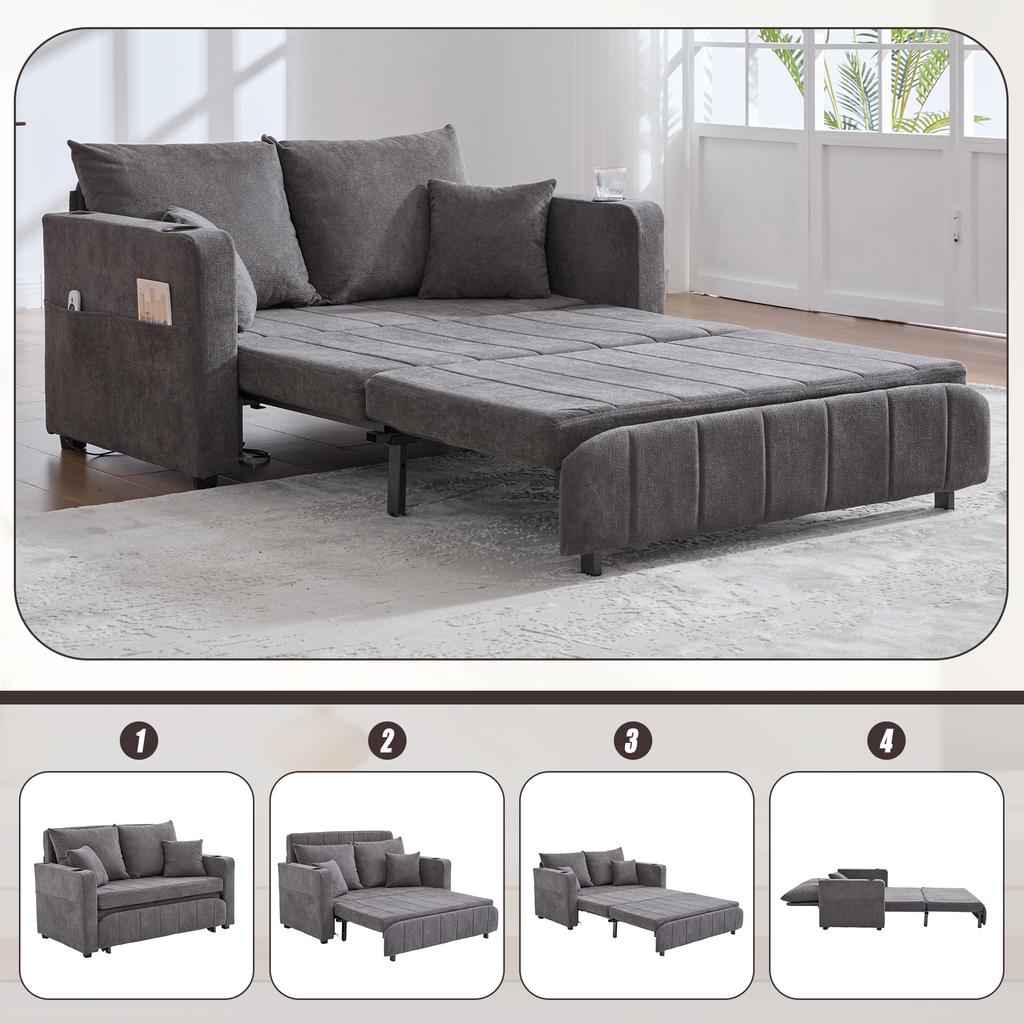 Multifunctional Fabric Sofa, Pull-Out Folding Sofa, With Storage Pockets On Armrests, USB Charging Function And Drink Holders (Grey Chenille Fabric)