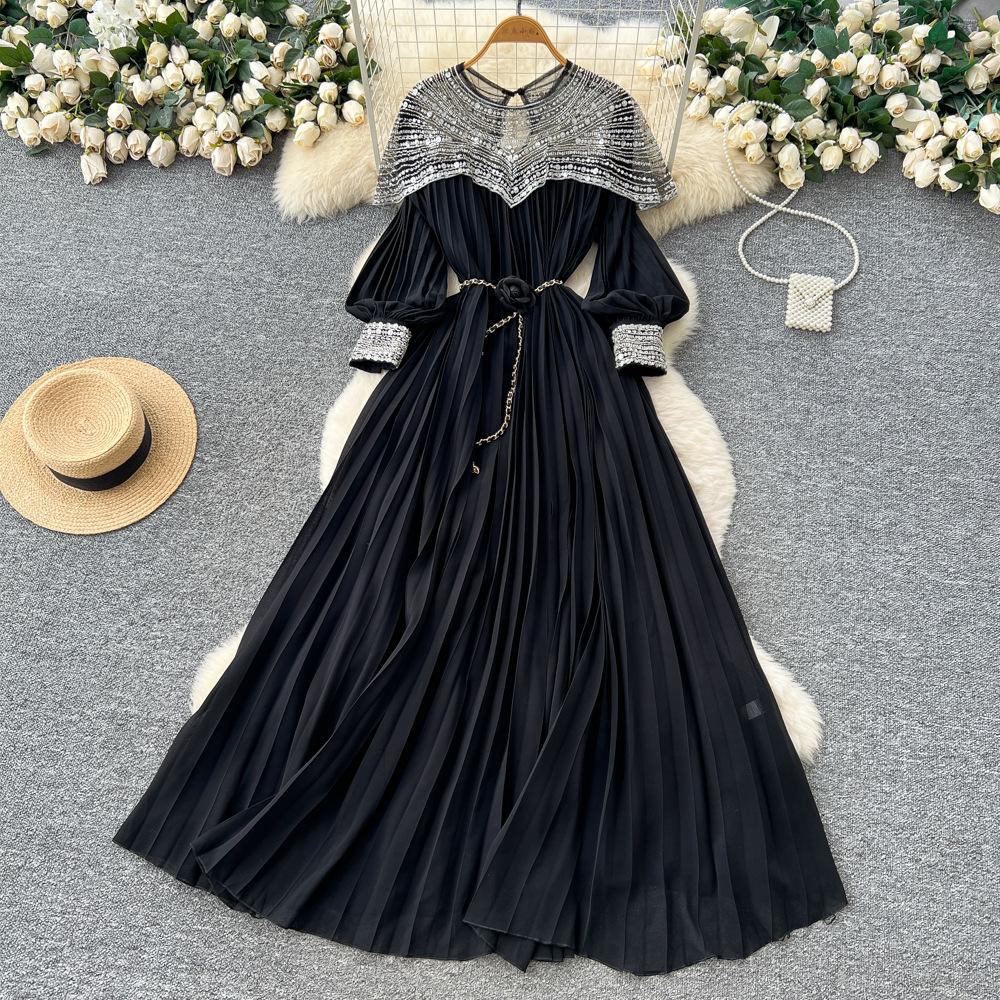 French heavy industry embroidered bead sequin mesh stitching lantern sleeve strap waist pleated dress women's high-end long dress
