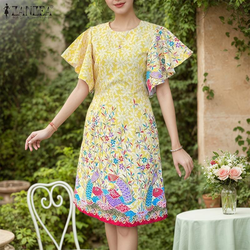ZANZEA Women Summer Round Neck Ruffles Short Sleeve Casual Print Dress