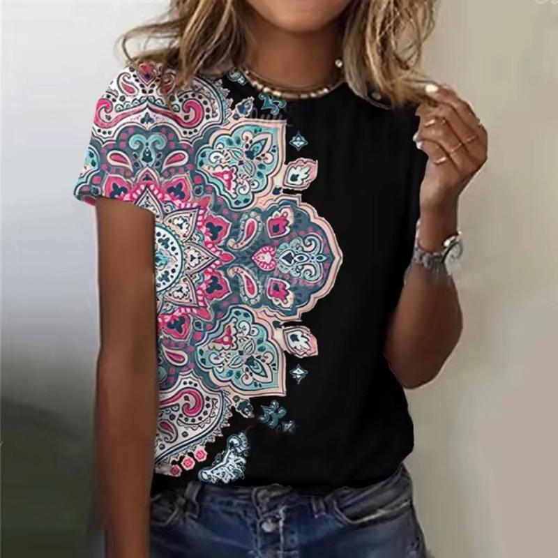 Summer Women Clothing T-shirt Crewneck Top Casual Comfort Short Sleeve Vintage 3D Print Loose Breathable Clothing Women's T-shirt