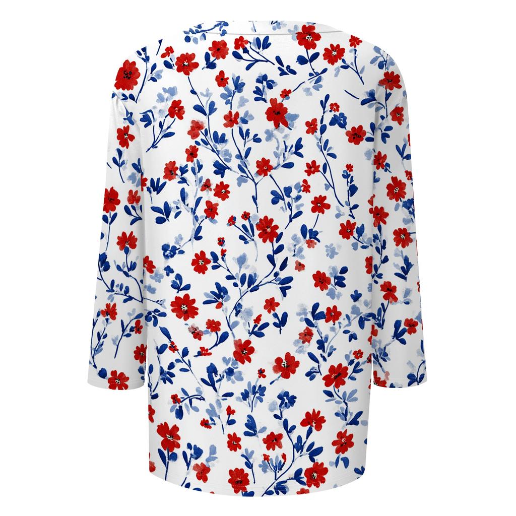 Women Casual Crew Neck Three Quarter Sleeve Floral Print T Shirt Top Relaxed Fit Lightweight Pullover Blouse for Daily Wear