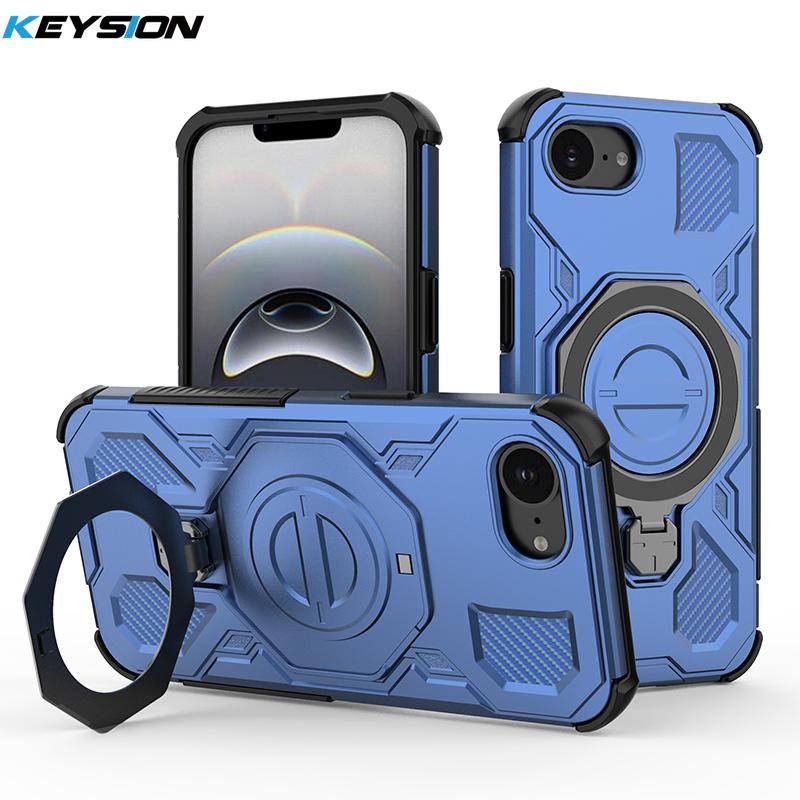 KEYSION Shockproof Magnetic Case for iPhone 16e Soft Silicone+PC Upright Live Metal Ring Stand Phone Back Cover for iPhone 16e