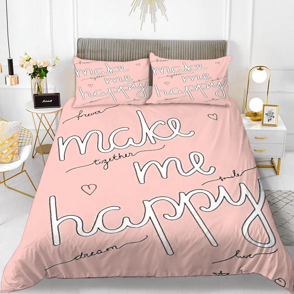 Love Theme Duvet Cover Set King Queen Size Heart Shape Romantic Letters Pink Flower For Kids Girls Couples Polyester Bedding Set