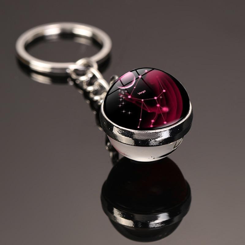 New Starry Sky Twelve Constellations Keychain Time Gemstone Double Sided Glass Ball Metal Keyring Bag Decoration Metal Keyholder