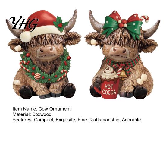 Retro Cartoon Style Ornaments 2/3Pcs Christmas Highland Cow Wooden Tabletop Sign, 2D Flat Yak Indoor Holiday Scene Decorations Figurine Ornament with