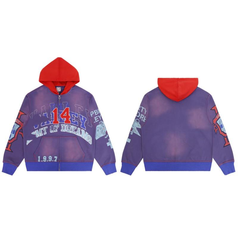 Mens Oversized Washed Cotton Hooded Zip-Up Sweatshirt With Contrast Zipper Patch Pockets