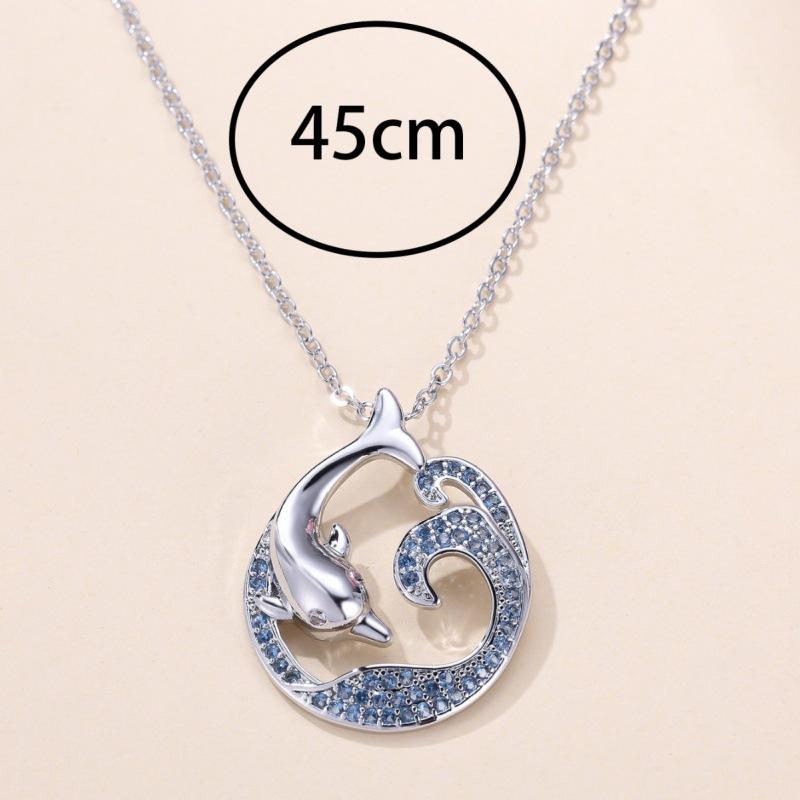Popular Women's Simple Versatile Palladium White K Sea Blue Diamond Dolphin Wave Necklace