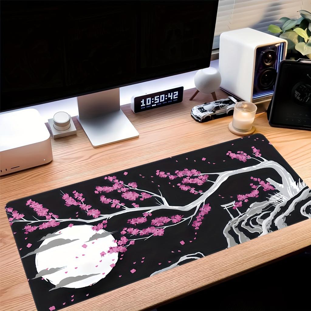 Extended XXL Mouse Pad with Ink Painting Plum Blossom Base Stitched Edges Durable Desk Mat for Gamers and Office Desktop