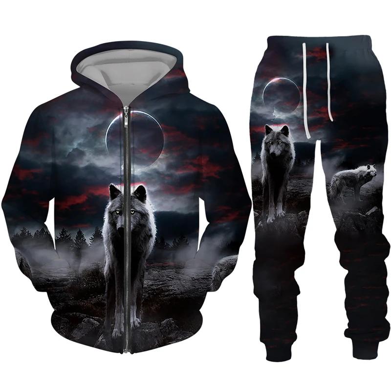 Men's Zipper Hoodie Set 3D Printed Animal Wolf Sportswear/Pants Casual Street Long Sleeve Loose Spring Autumn 2 Piece Set