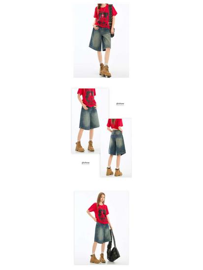 Shorts in Denim Lavato Retrò da Donna, Stile Estate 2025, Vestibilità Larga, Snellente, alla Moda, Lunghezza Media.