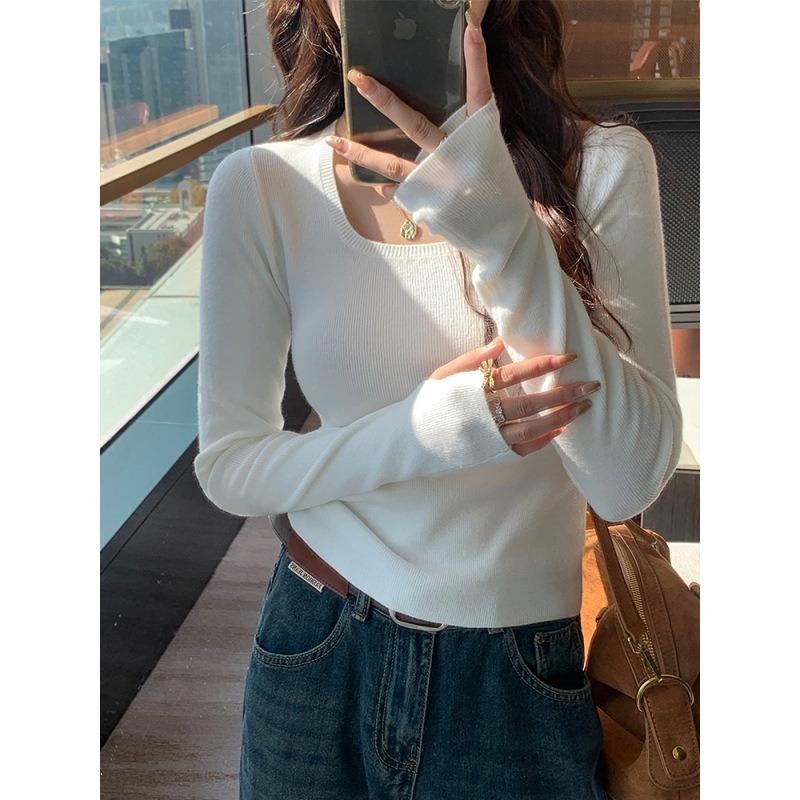 Lazy Wind Square Neck Knitted Sweater Women's Early Spring Tight Spice Girl Front Shoulder Long Sleeve Top Simple Bottoming Shirt